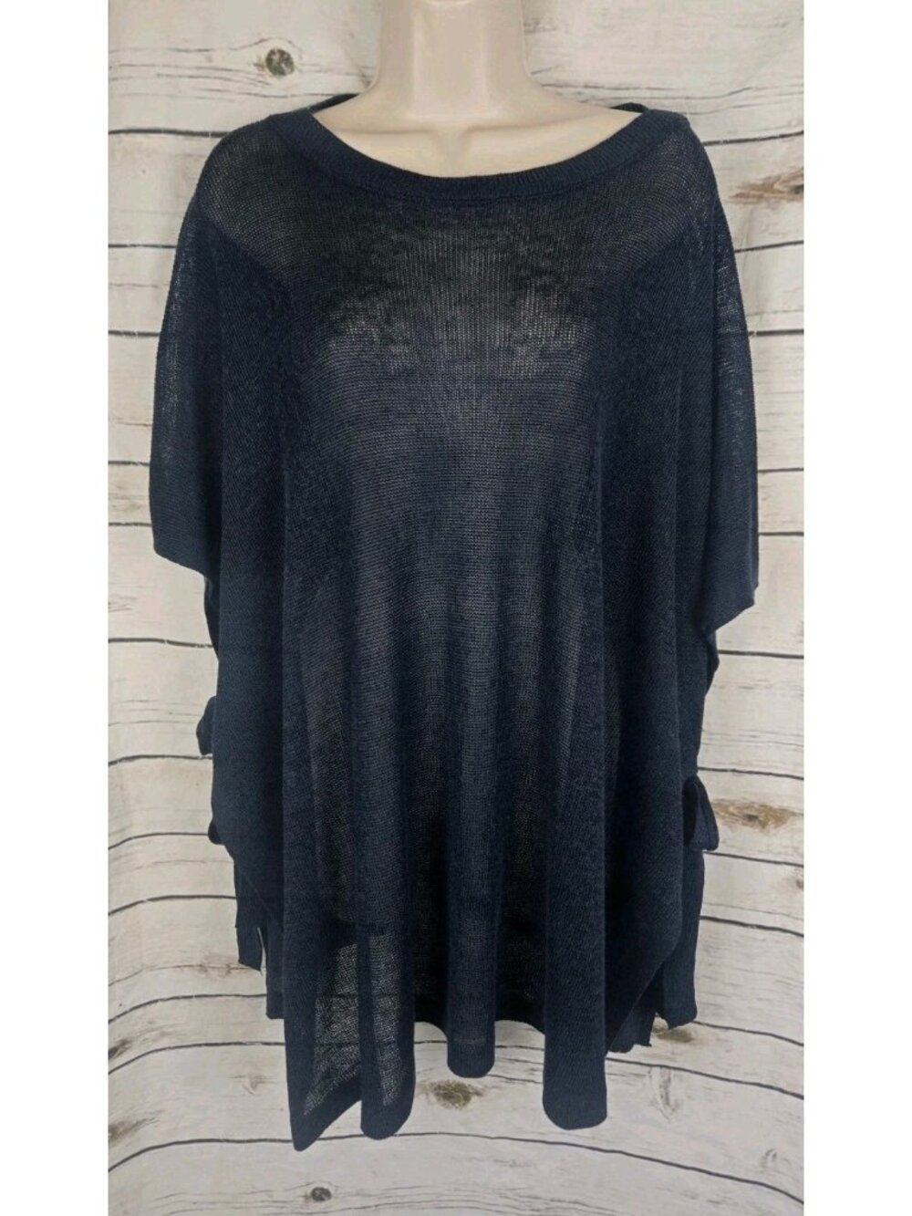 J Jill Linen Blend Sweater Poncho Navy Blue One Size Side Ties Beach Vacation